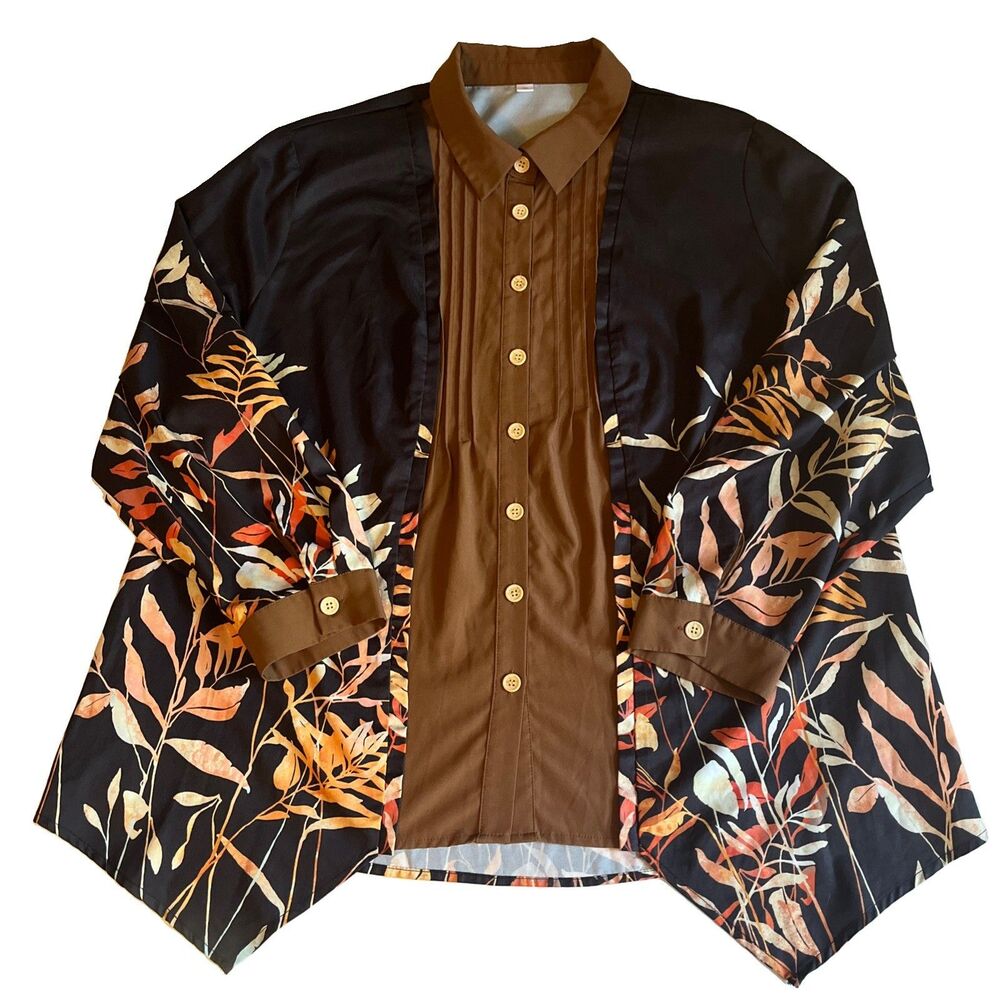Kimono Style Blouse Women’s 2X Black Brown Button Asian Inspired Fall Leaves EUC